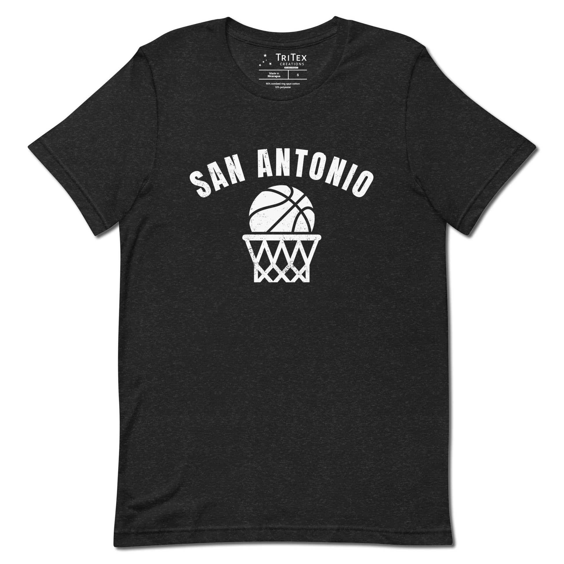 A black heather t-shirt featuring a basketball and net with the words "San Antonio".