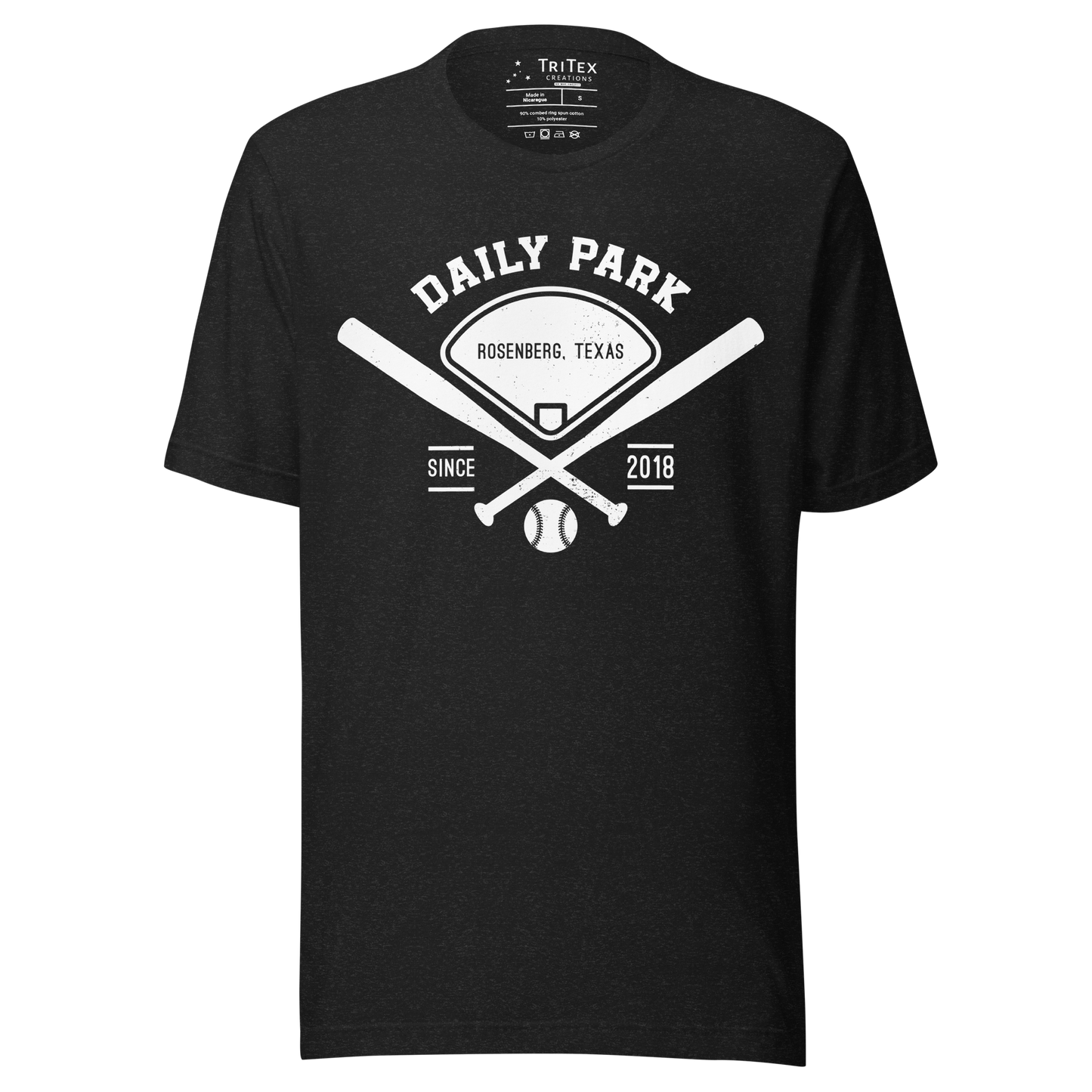 A heather black t-shirt featuring two crisscrossed baseball bats, a baseball diamond and a baseball with the words "Daily Park Rosenberg, Texas Since 2018".