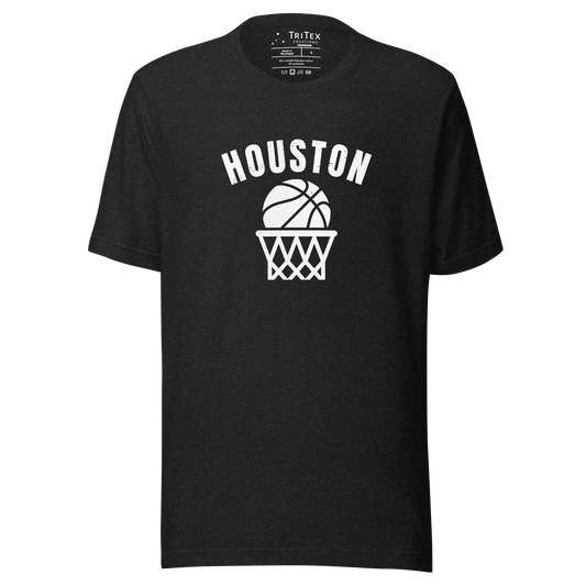 A black heather t-shirt featuring a basketball and net with the words "Houston".