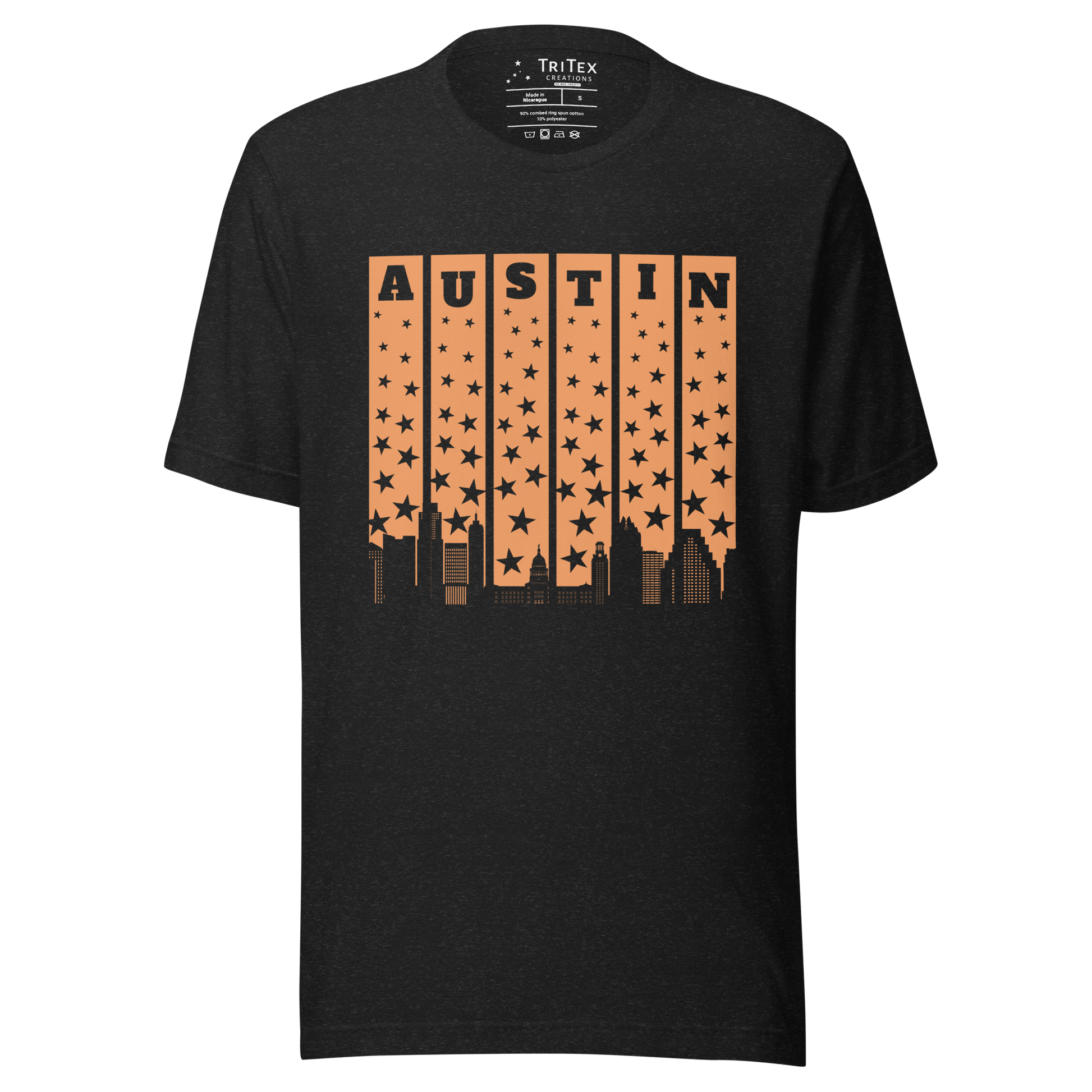 A black heather t-shirt with the words Austin above a silhouette of stars and the Austin skyline.