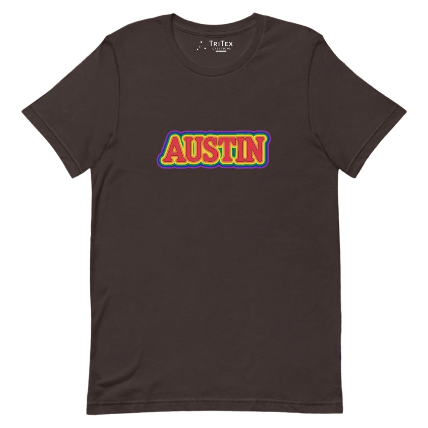 A brown t-shirt featuring the words Austin in rainbow colors.