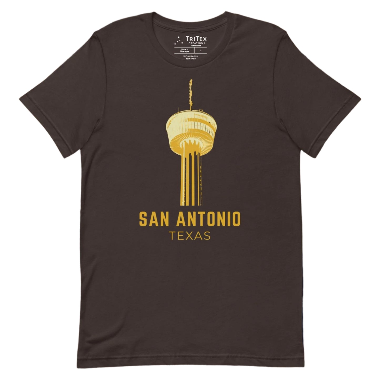 A brown t-shirt featuring the Tower of the Americas with the words "San Antonio Texas".