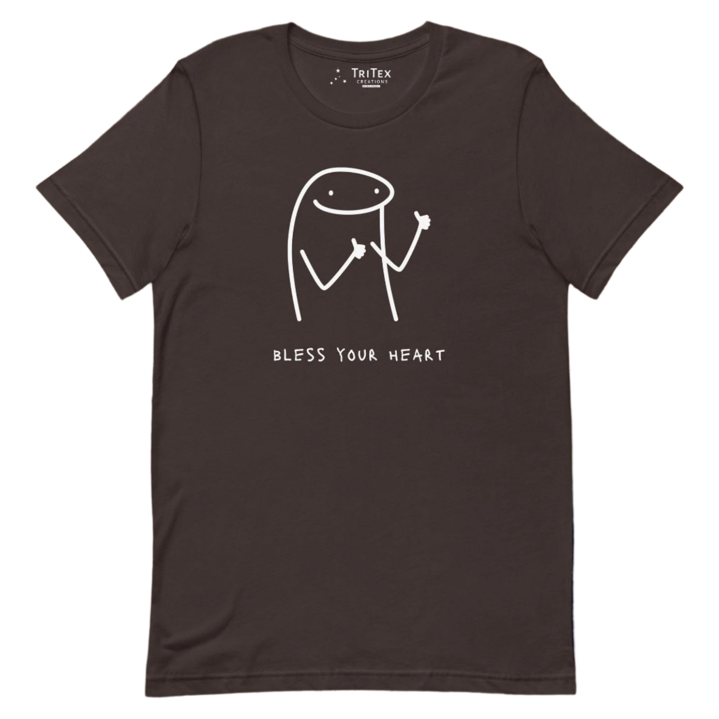 A brown t-shirt featuring a cartoon character giving thumbs up with the words "Bless Your Heart" underneath.