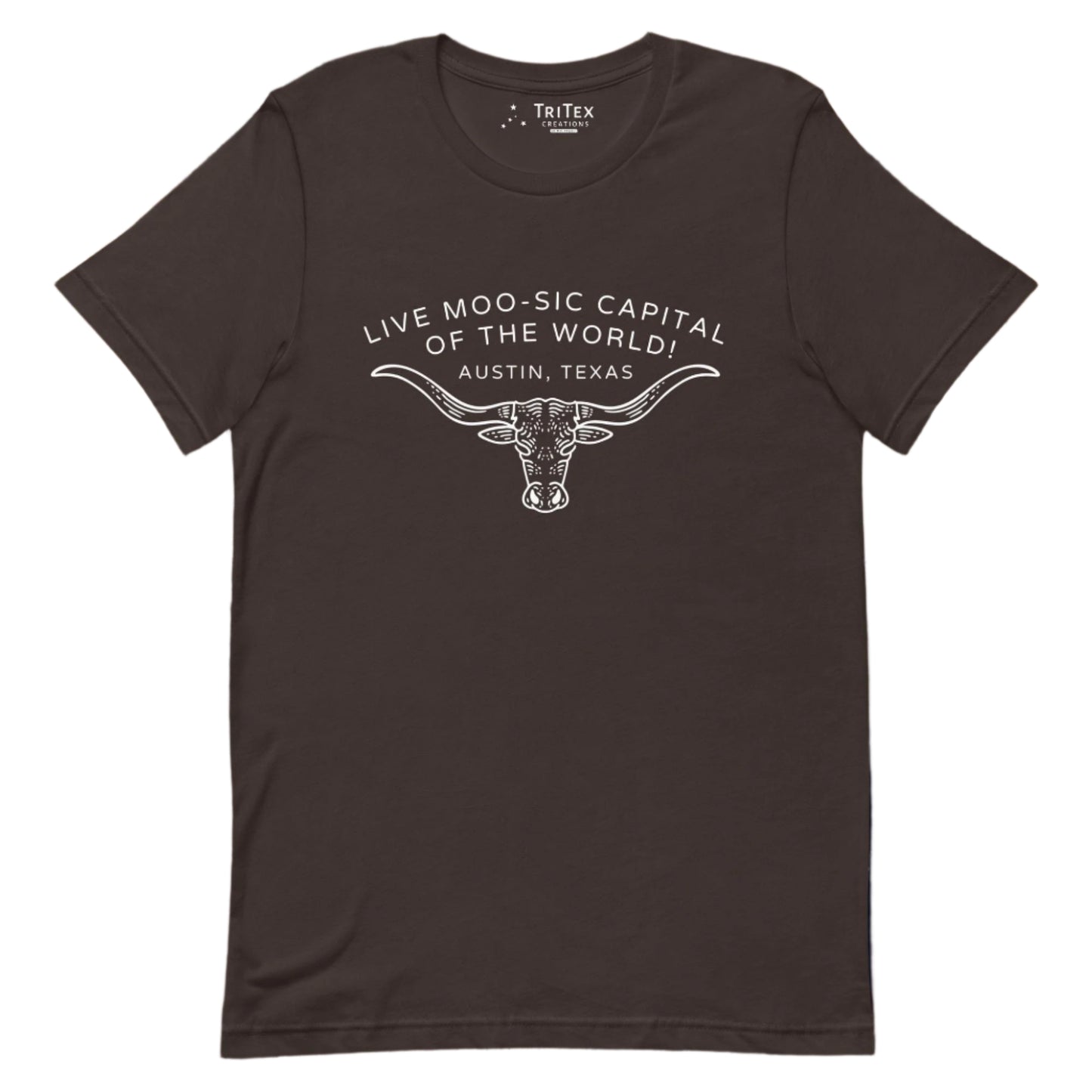 A brown t-shirt featuring an image of a longhorn bull with the words "Live moo-sic capital of the world! Austin, Texas".