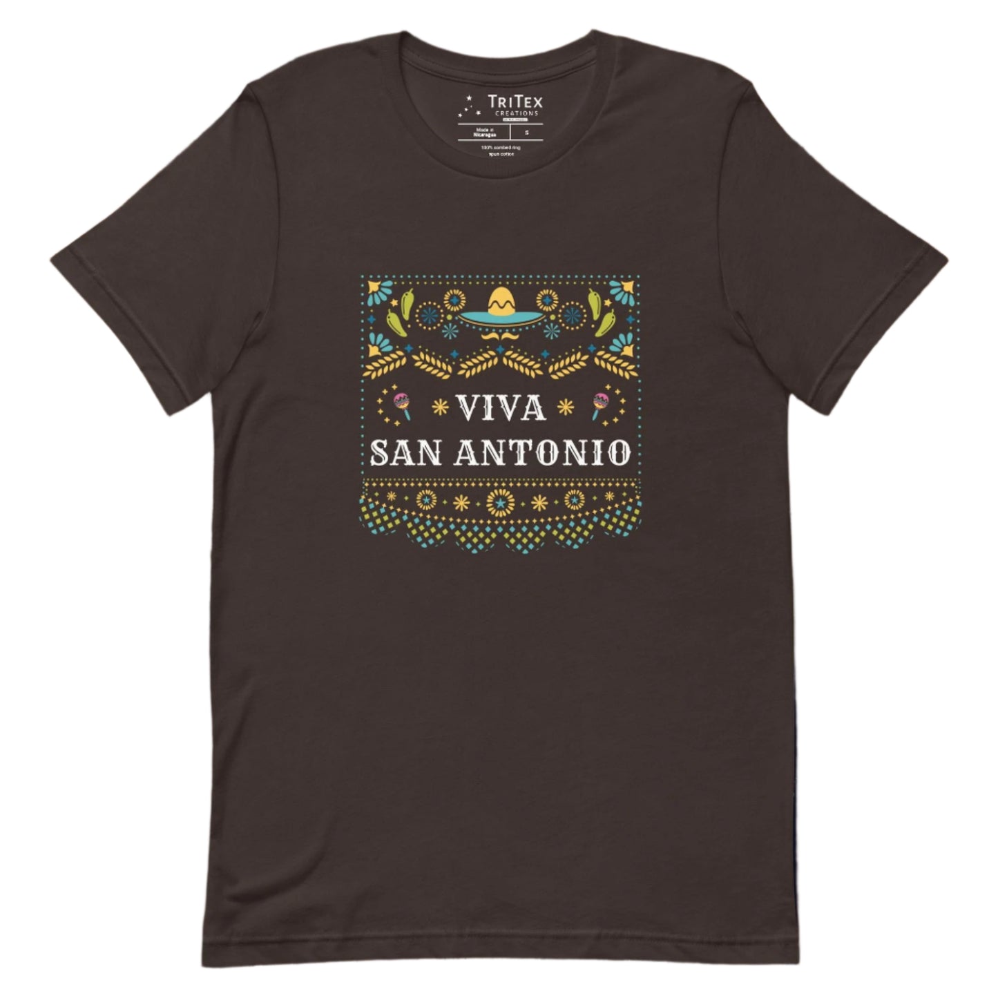 A brown t-shirt featuring a festive Mexican-style pattern with the words "Viva San Antonio".