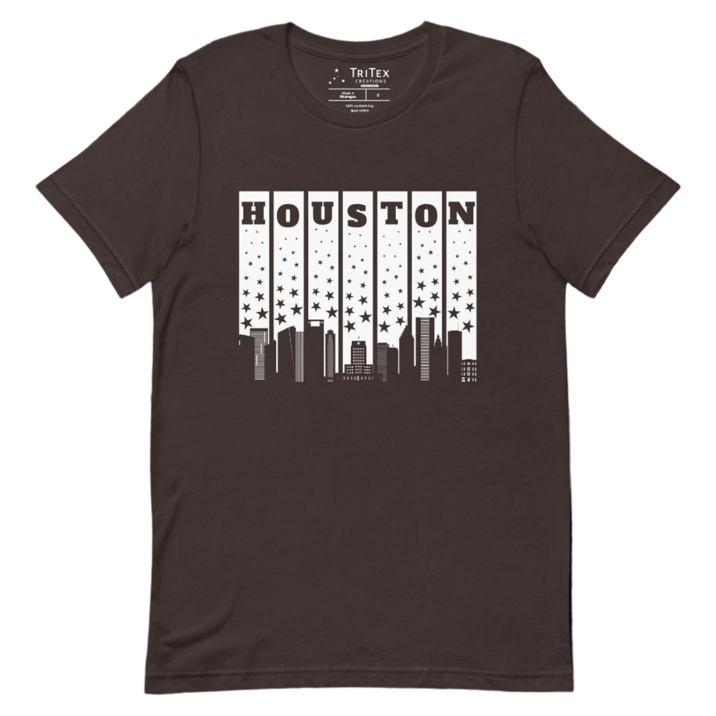 A brown t-shirt with a silhouette of the Houston Skyline with some stars and the words "Houston" above.