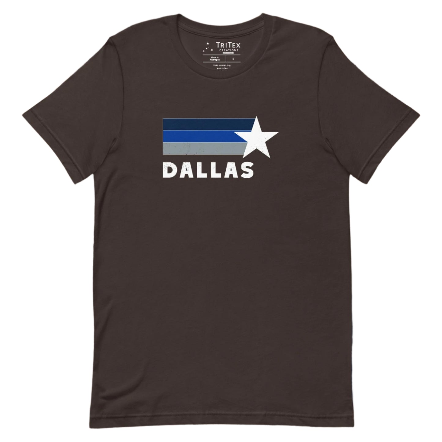 A brown t-shirt featuring navy blue, royal blue, gray stripes and a white star with the word "Dallas".