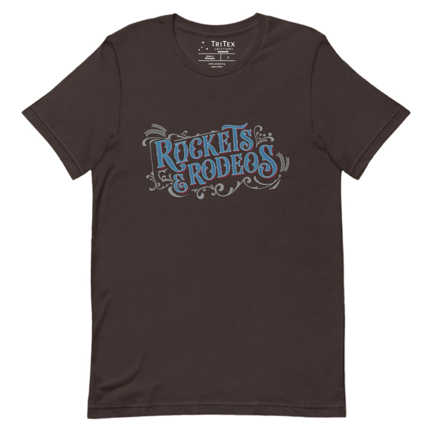 A brown t-shirt with vintage-style text that reads "Rockets & Rodeos".