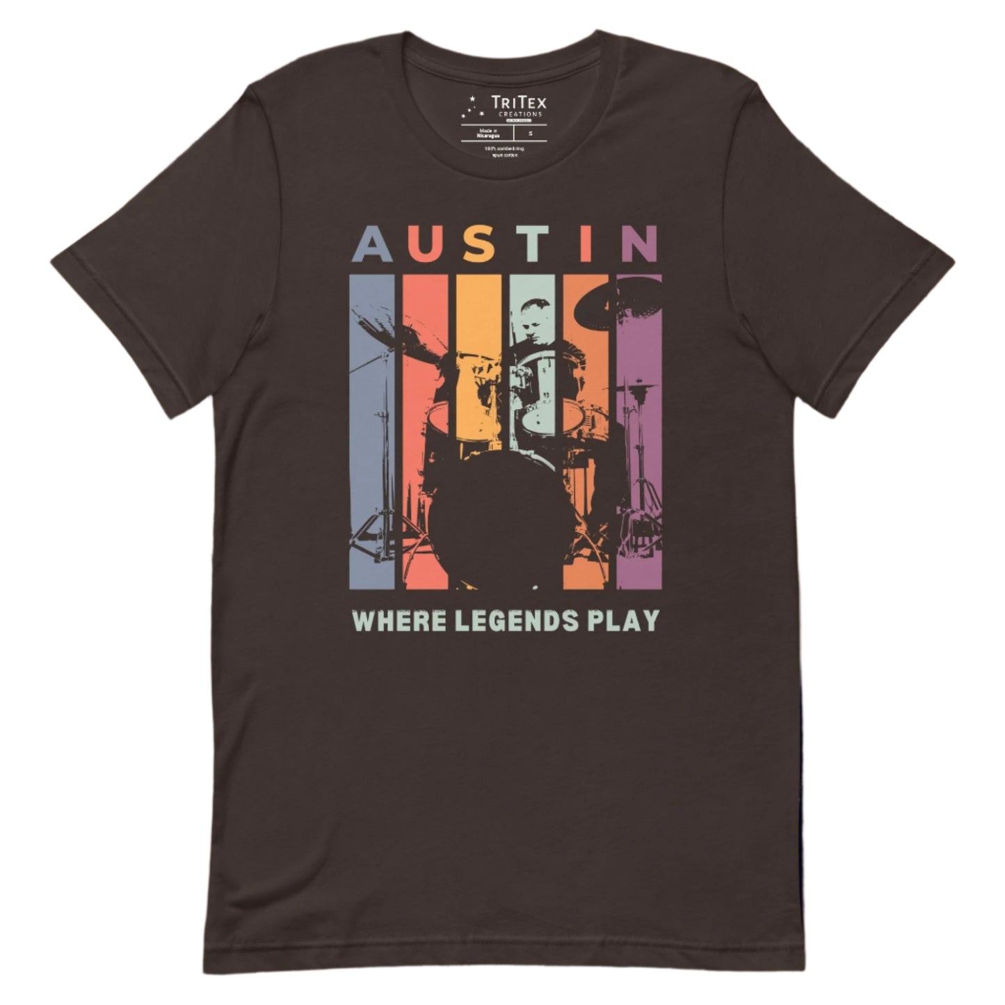 A brown t-shirt featuring a silhouette of a drummer with the words "Austin. Where legends play".