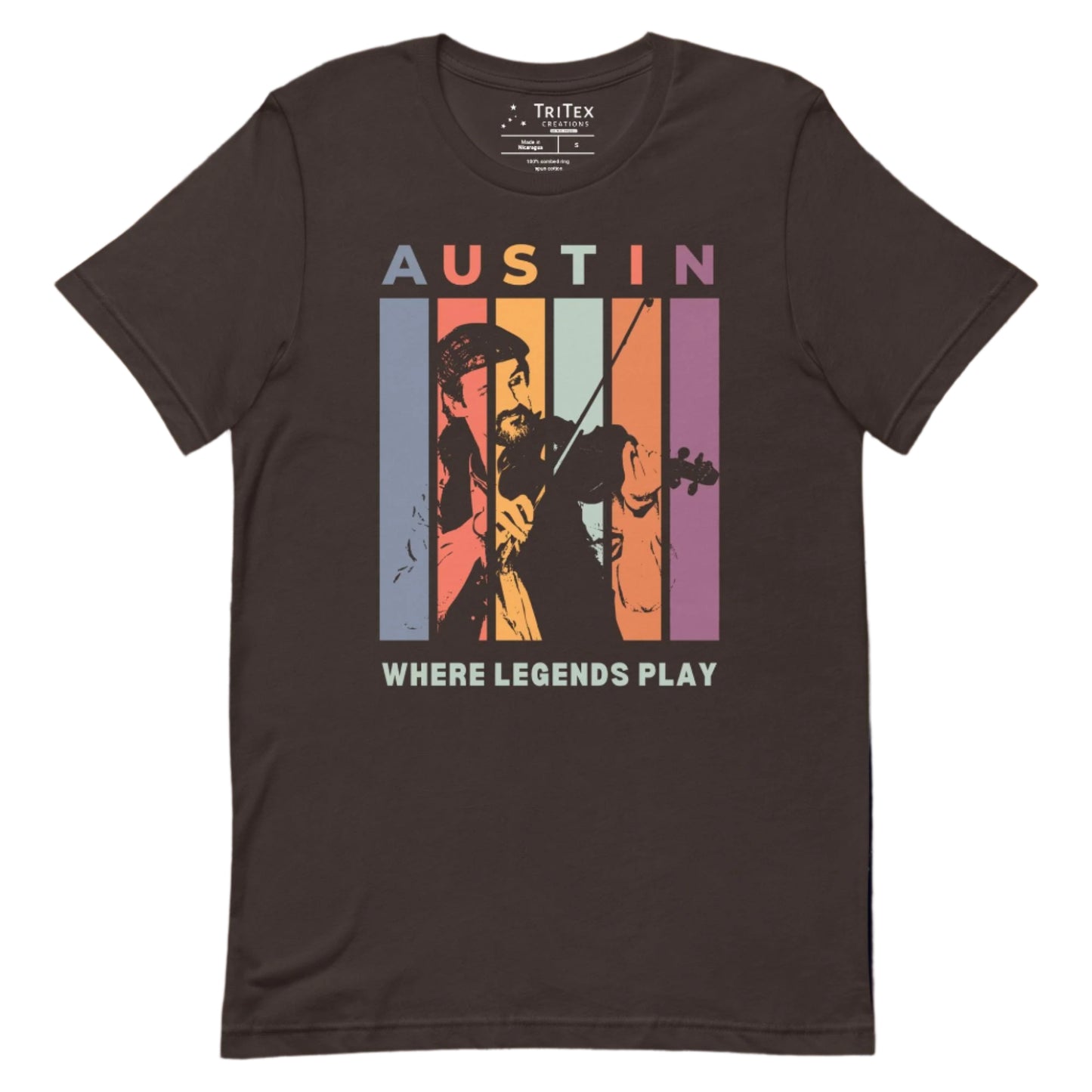 A brown t-shirt featuring a silhouette of a fiddle player with the words "Austin. Where legends play".