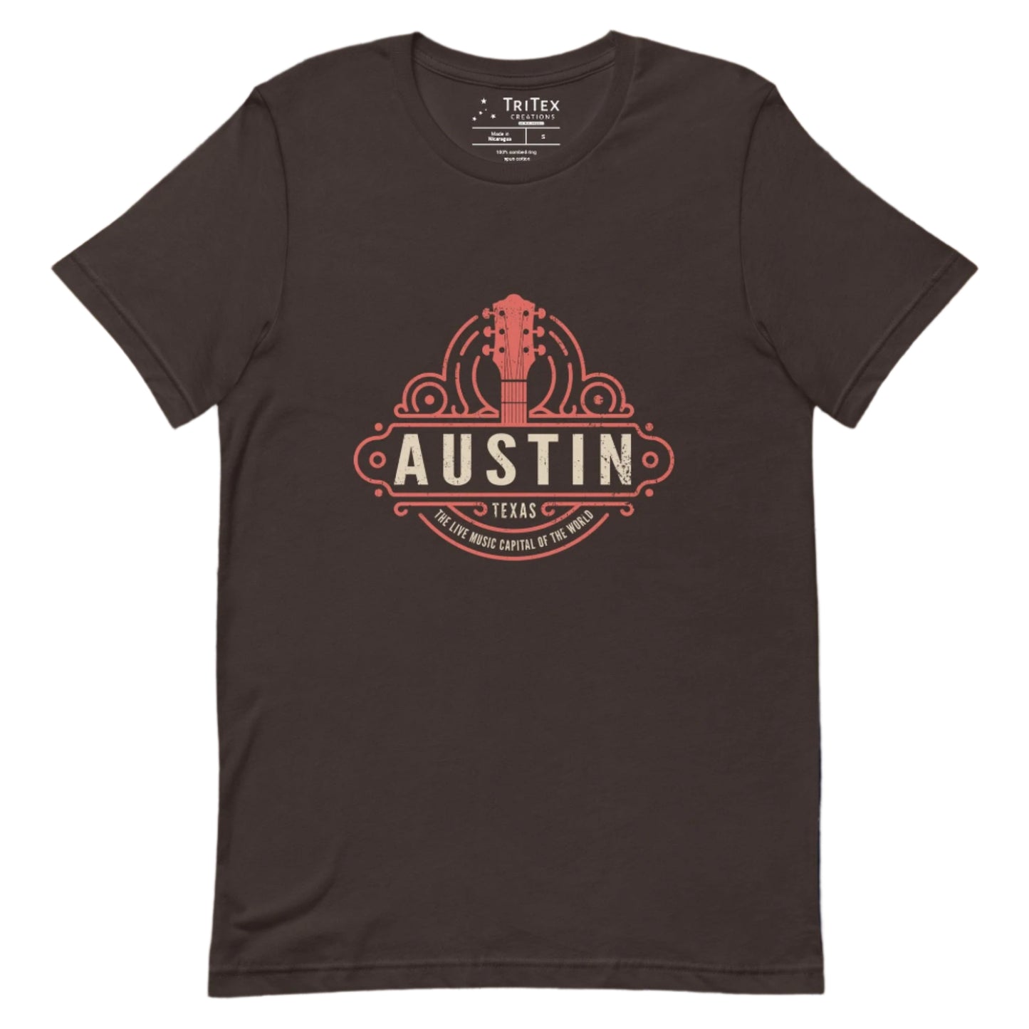 A brown t-shirt featuring the head and neck of a guitar with the words "Austin Texas. The Live Music Capital Of The World."