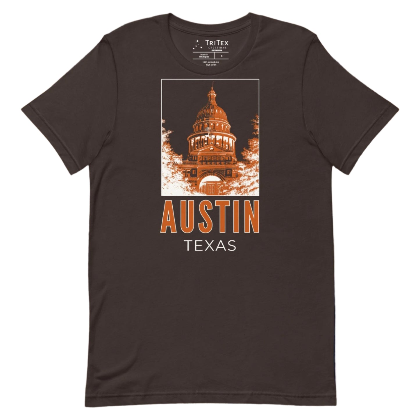 A brown t-shirt featuring an image of the Texas Capitol Building with the words "Austin, Texas" underneath.