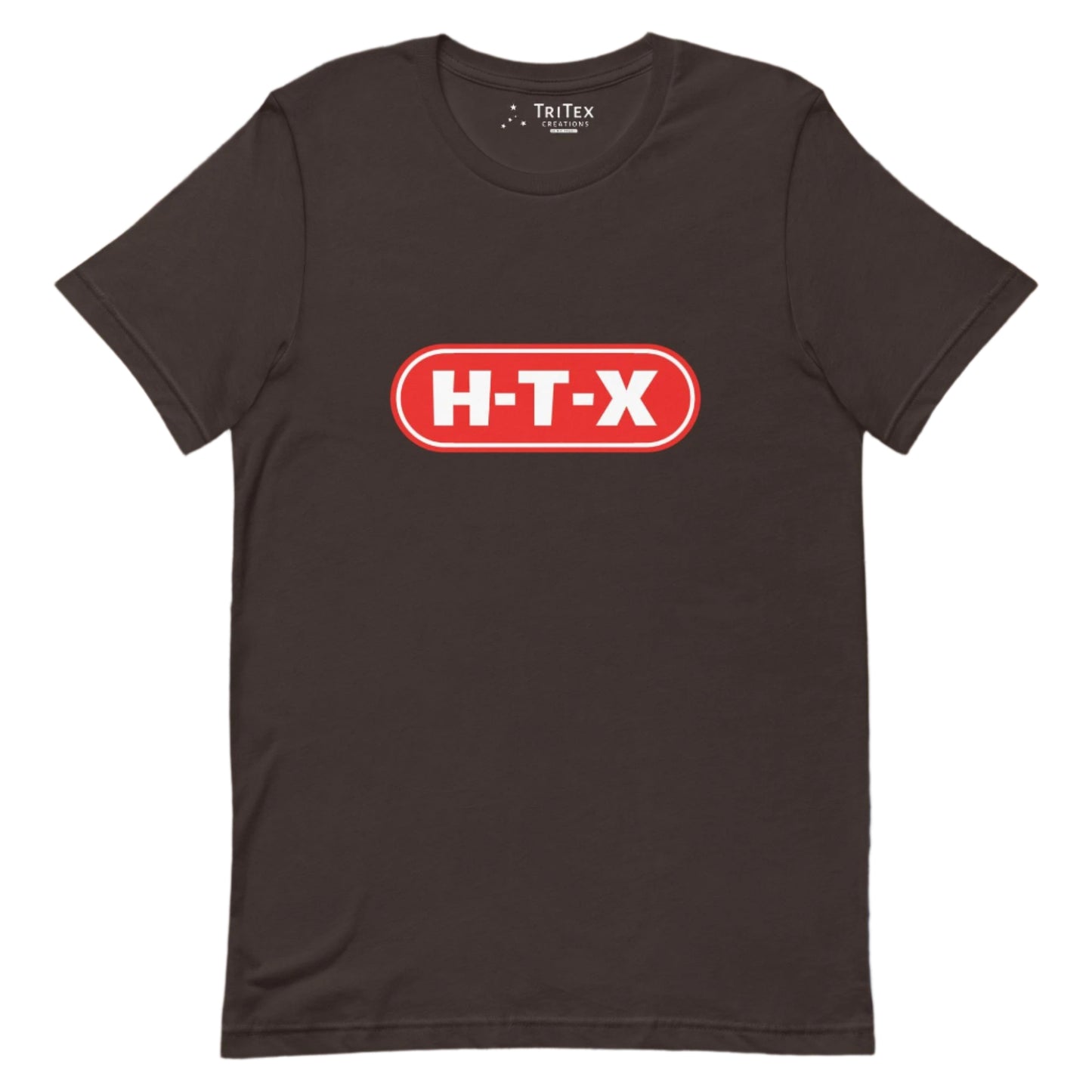 A brown t-shirt with the text "H-T-X" in the style of the H-E-B logo.