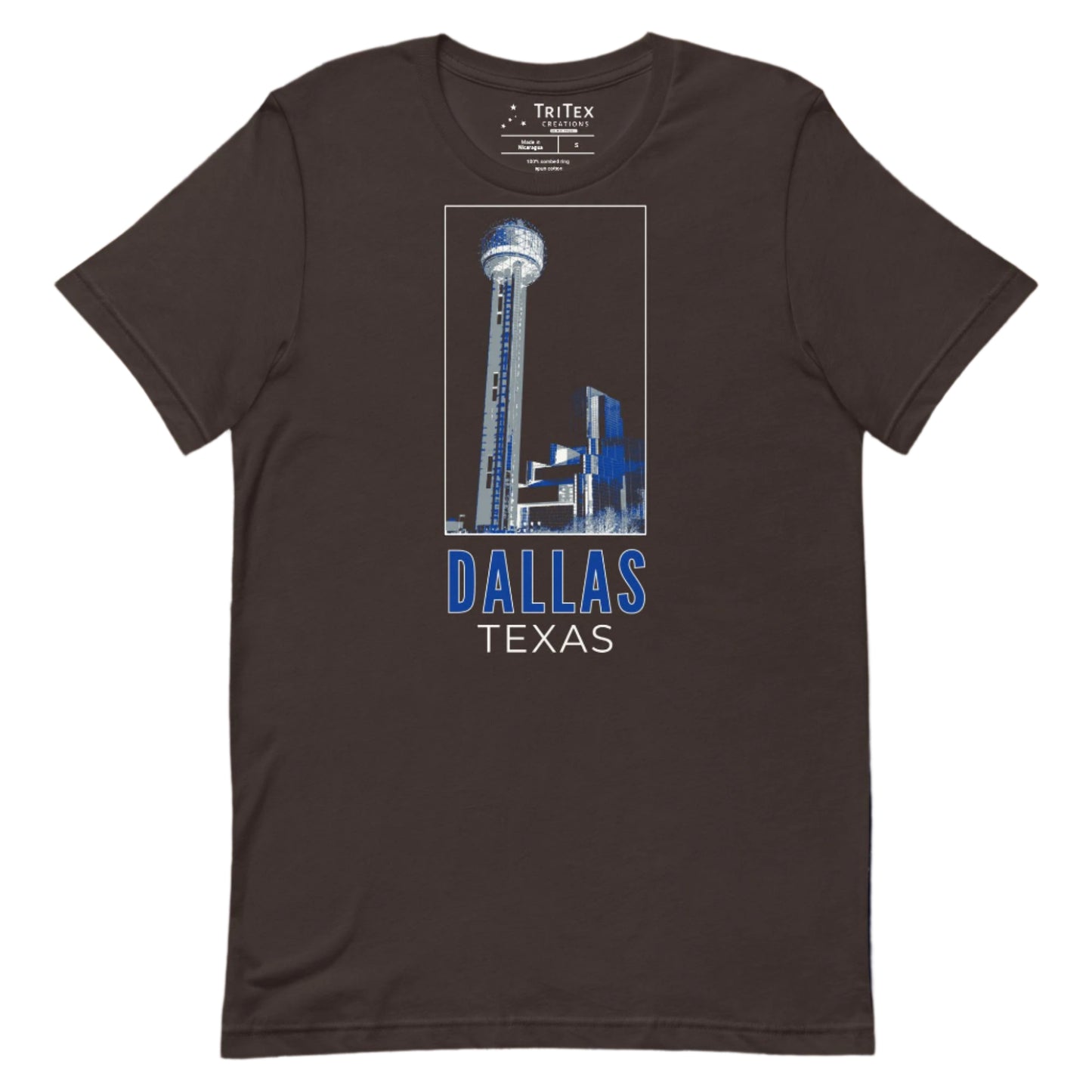 A brown t-shirt featuring an image of Reunion Tower with the words "Dallas Texas".