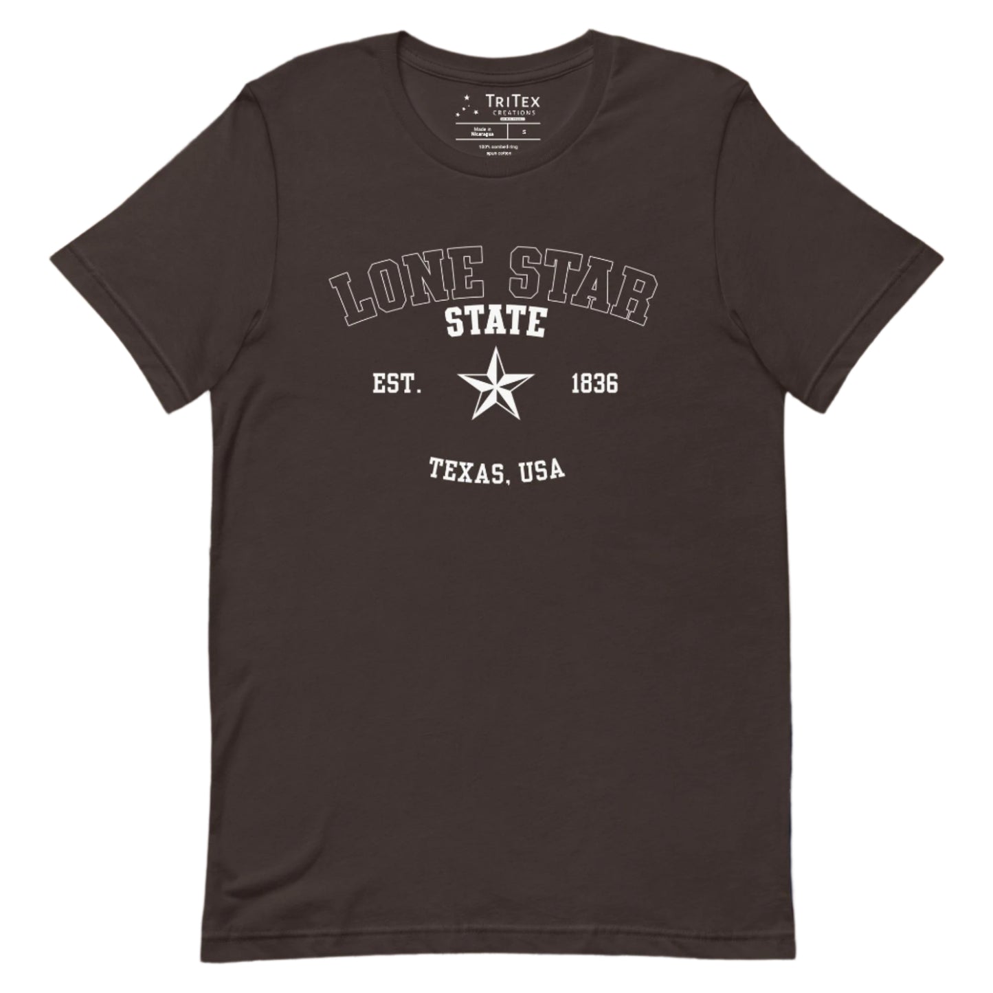 A brown t-shirt featuring a graphic image of a 5-pointed star with the words "Lone Star State Est. 1836 Texas, USA".