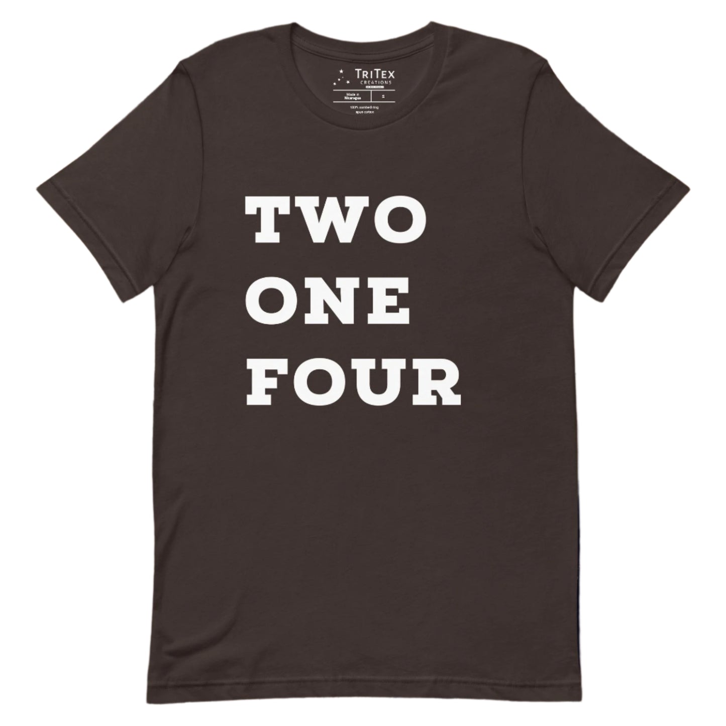 A brown t-shirt with the text "TWO ONE FOUR".