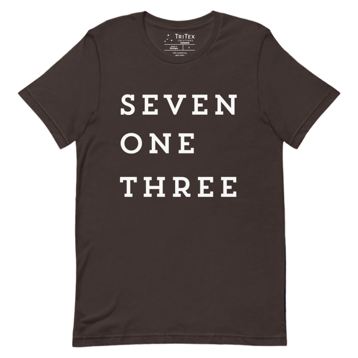 A brown t-shirt with the text "SEVEN ONE THREE".