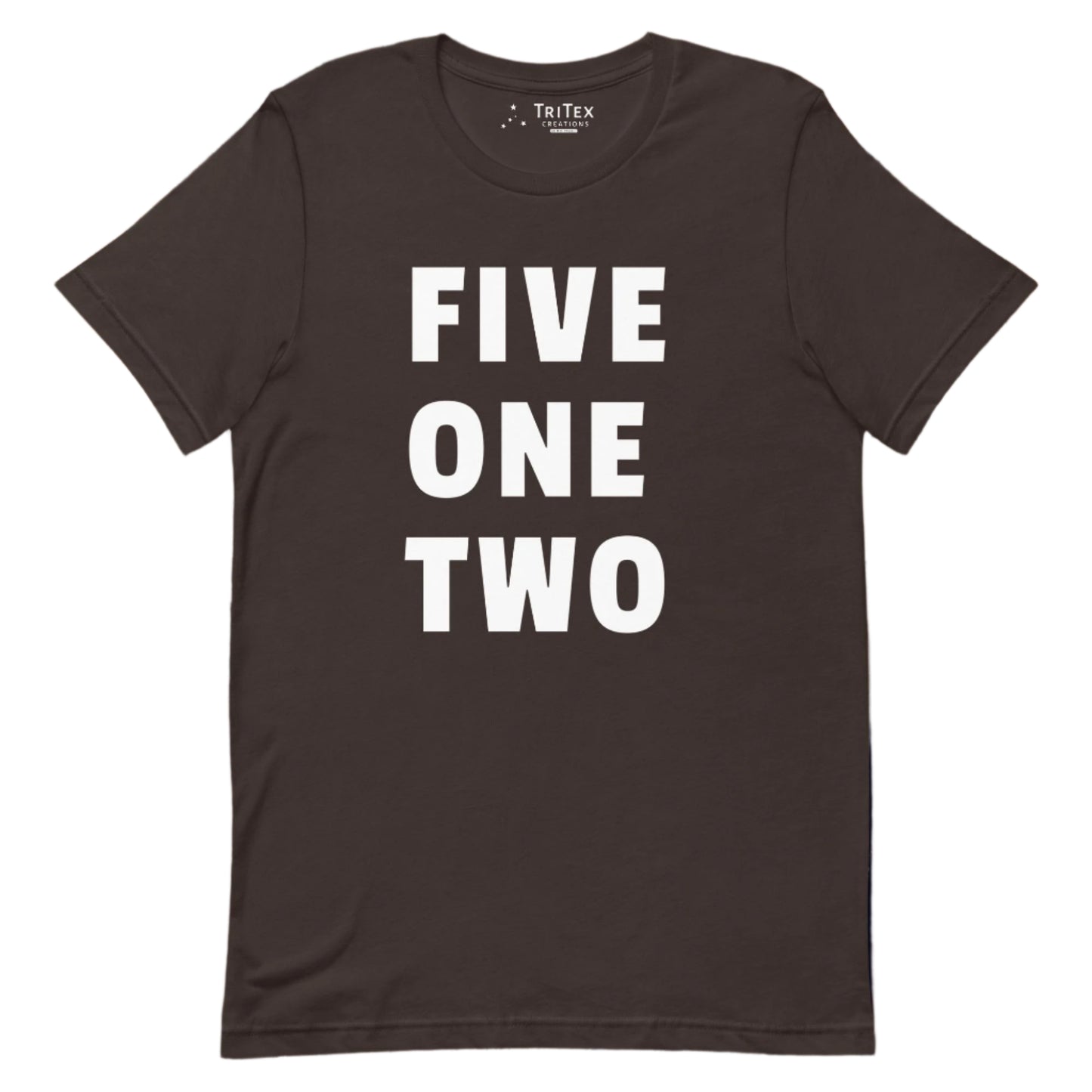 A brown t-shirt with the text "FIVE ONE TWO".