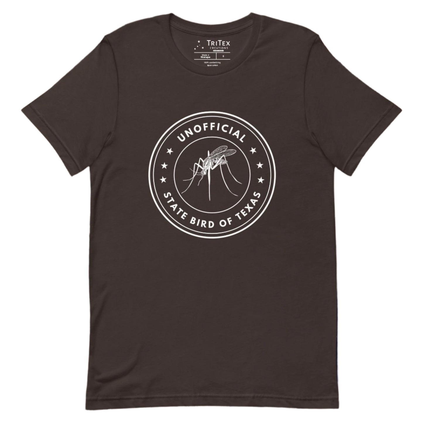 A brown t-shirt featuring an image of a mosquito with the text "Unofficial State Bird Of Texas".