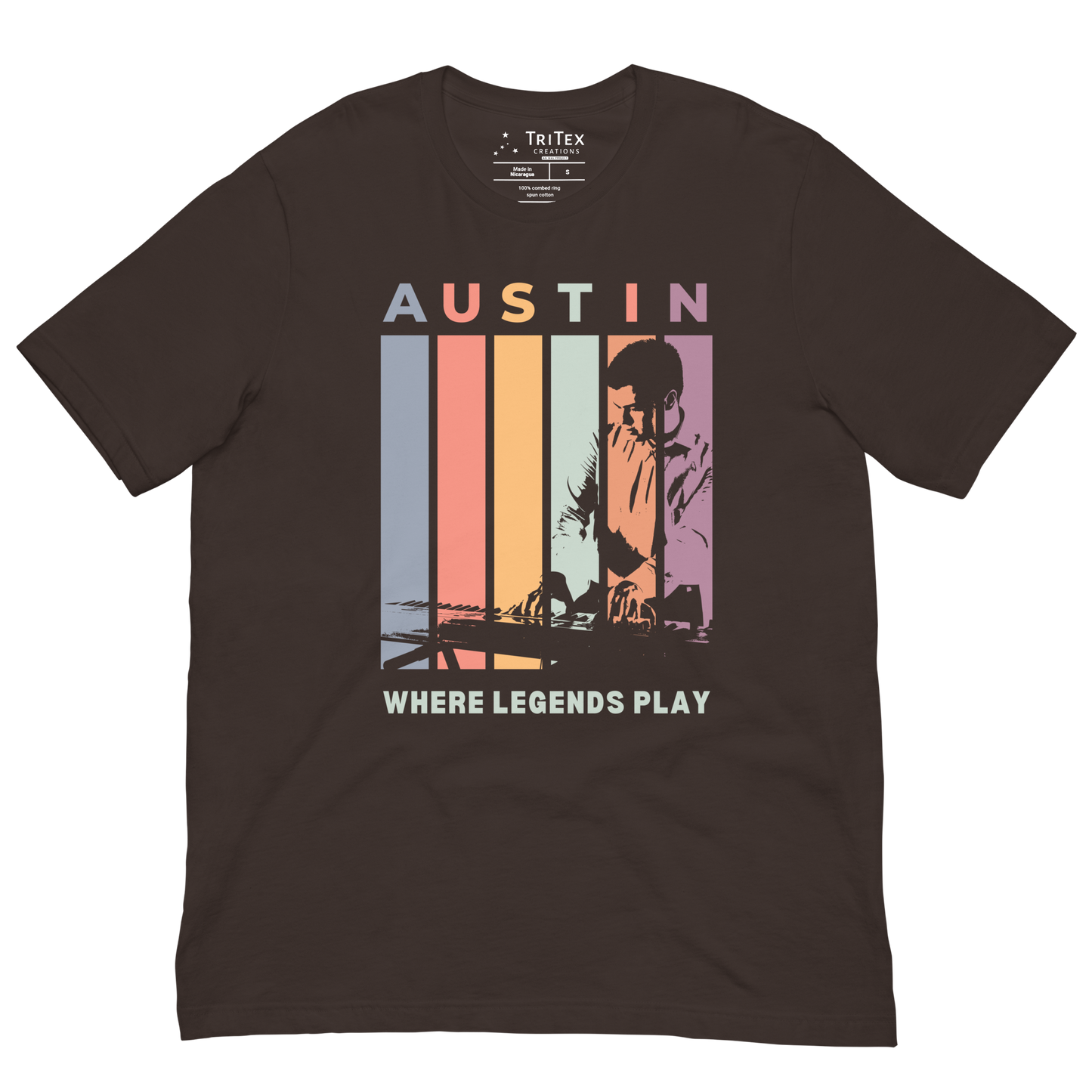 A brown t-shirt featuring the silhouette of a keyboard player with the words "Austin. Where legends play".