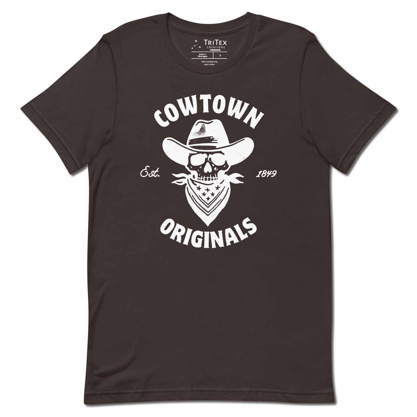 A brown t-shirt with an image of a  skull in a cowboy hat and kerchief which reads "Cowtown Originals Est. 1849".