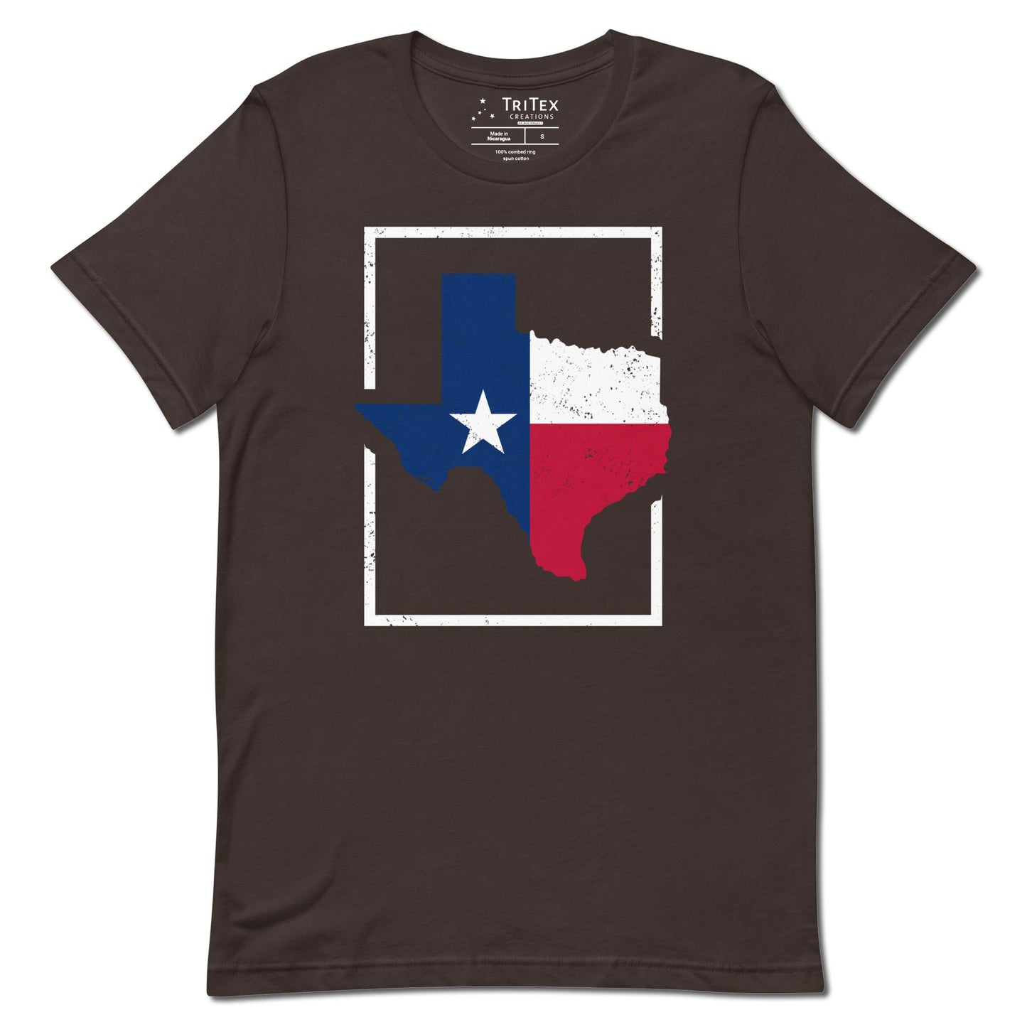 A brown t-shirt featuring the map of Texas cut out in the shape of a map of Texas.