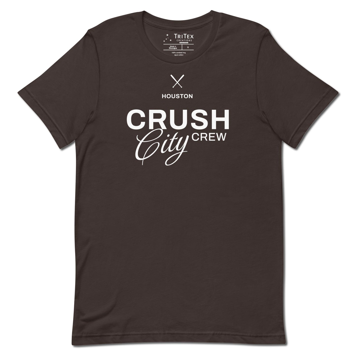 A brown t-shirt with the words "Houston Crush City Crew".