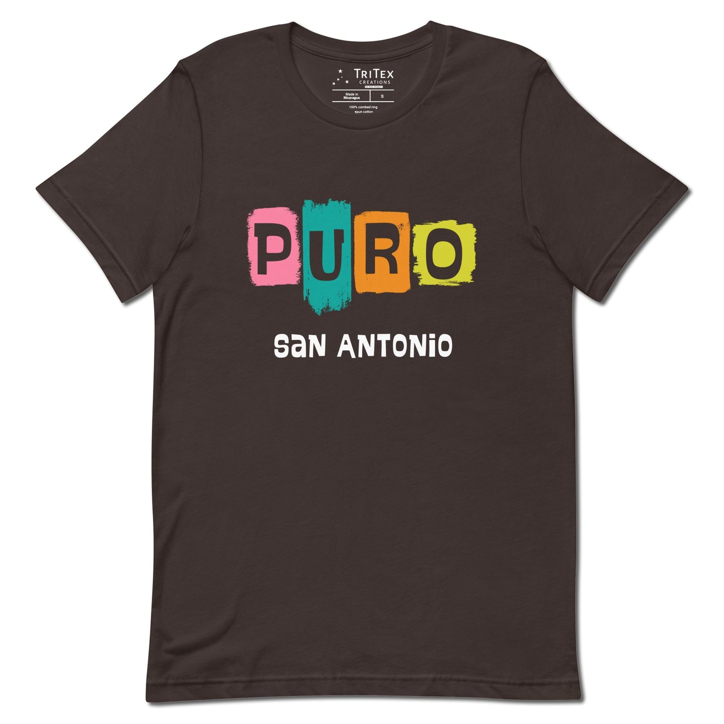 A brown t-shirt with the text "Puro San Antonio".