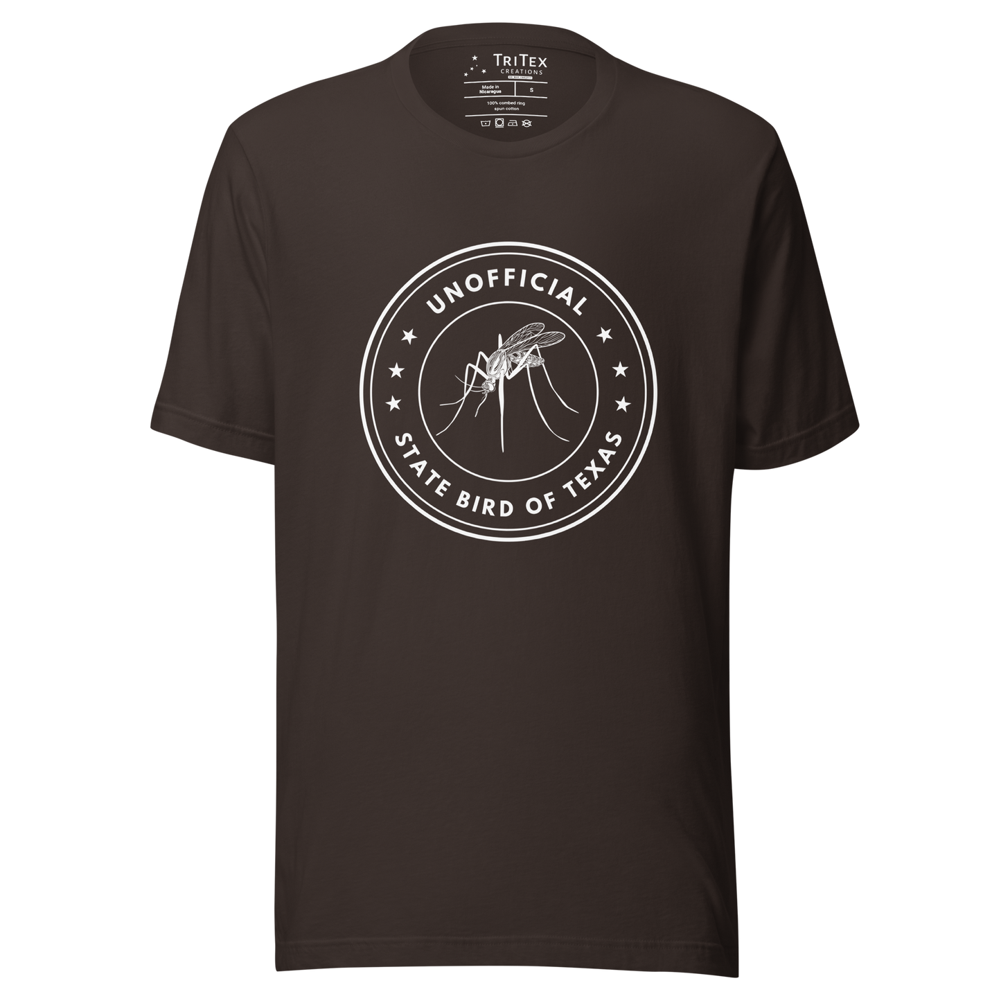 A brown t-shirt featuring an image of a mosquito with the text "Unofficial State Bird Of Texas".