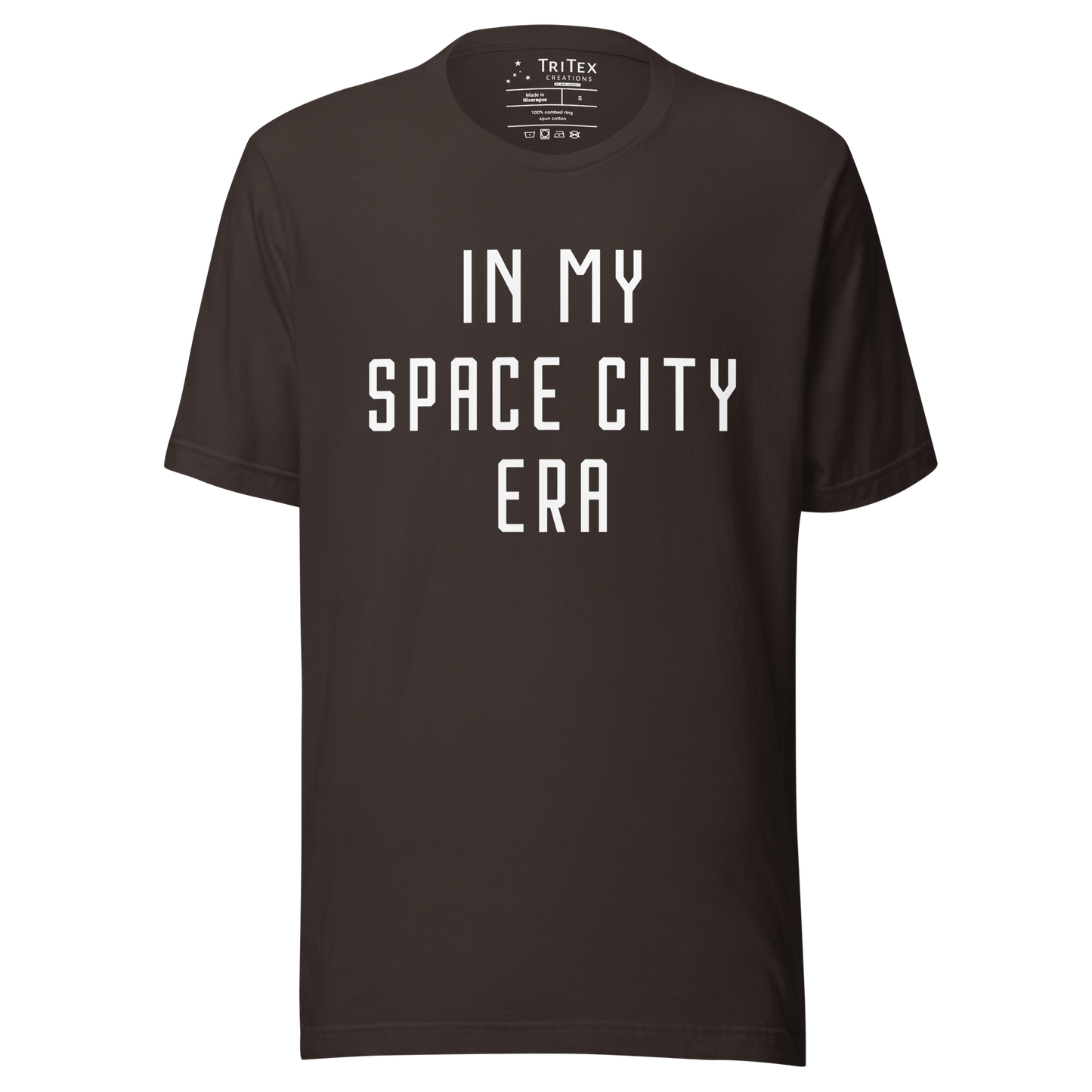 A brown t-shirt featuring with the text "In my Space City era".