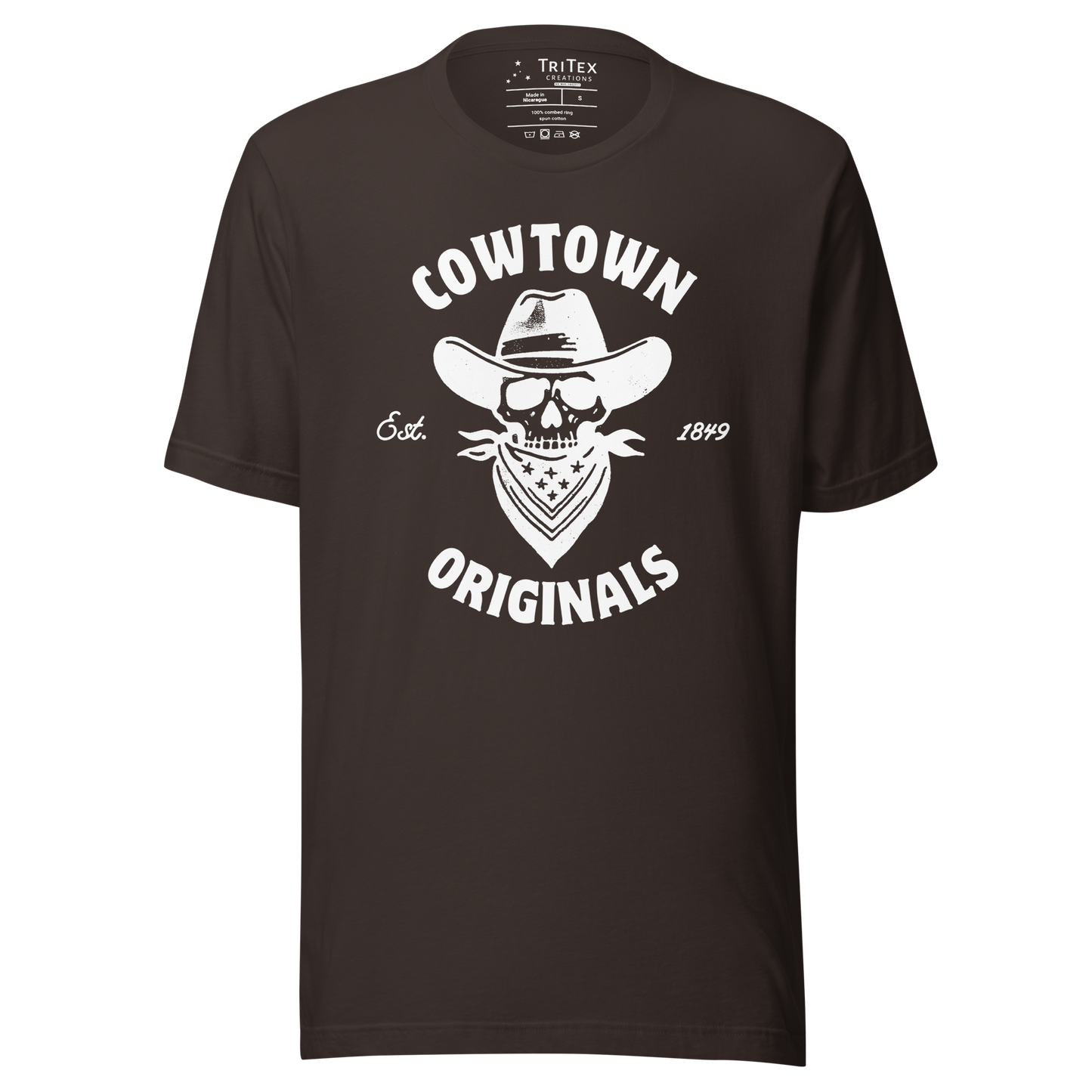 A brown t-shirt with an image of a  skull in a cowboy hat and kerchief which reads "Cowtown Originals Est. 1849".