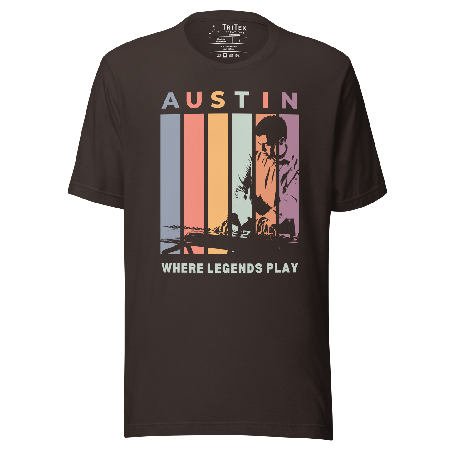 A brown t-shirt featuring the silhouette of a keyboard player with the words "Austin. Where legends play".