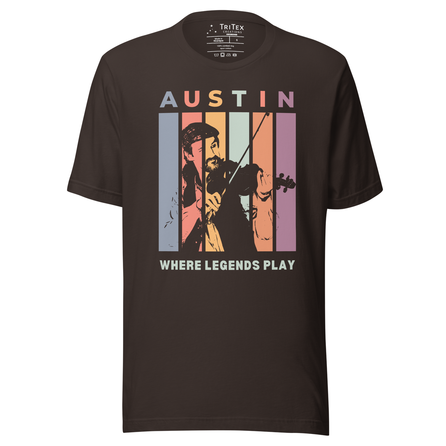 A brown t-shirt featuring a silhouette of a fiddle player with the words "Austin. Where legends play".