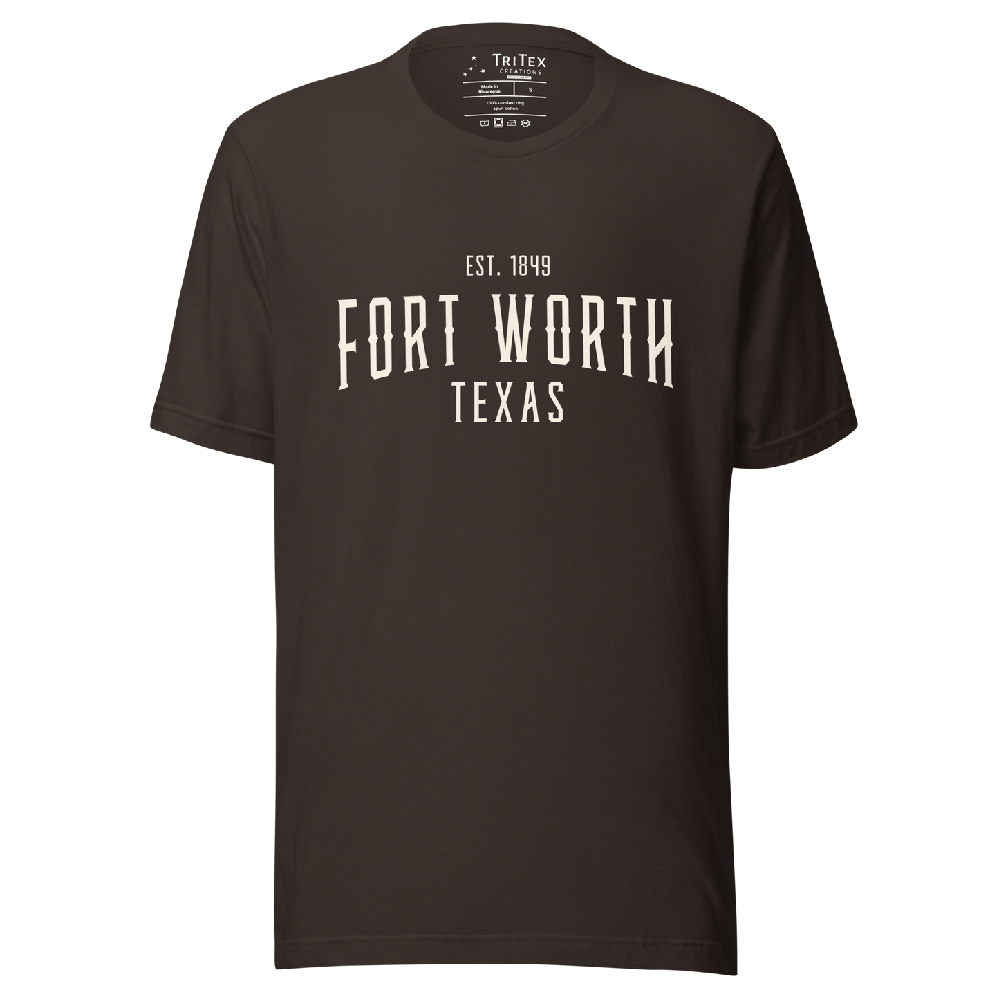 A brown t-shirt with the words "Fort Worth Texas Est. 1849".