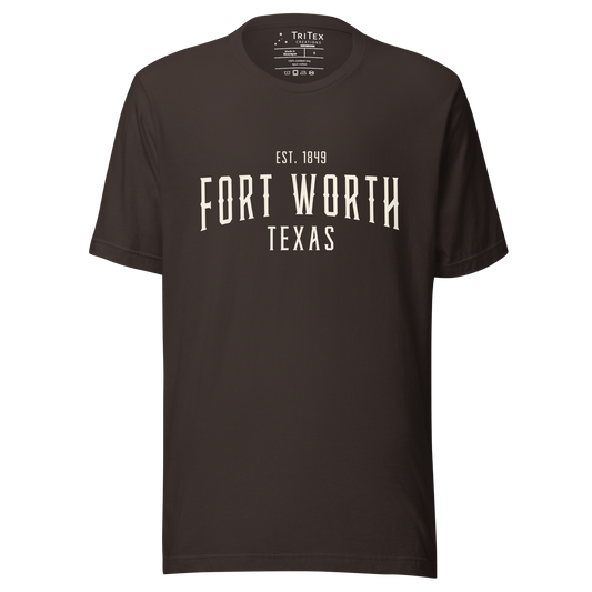 A brown t-shirt with the words "Fort Worth Texas Est. 1849".