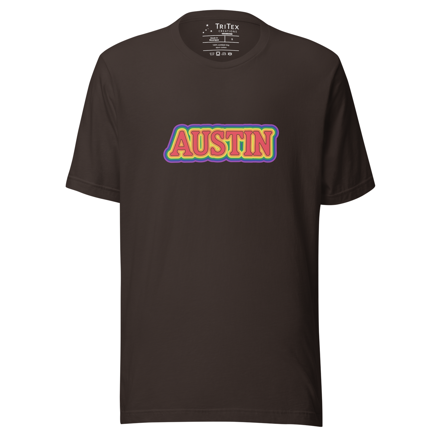 A brown t-shirt featuring the words Austin in rainbow colors.