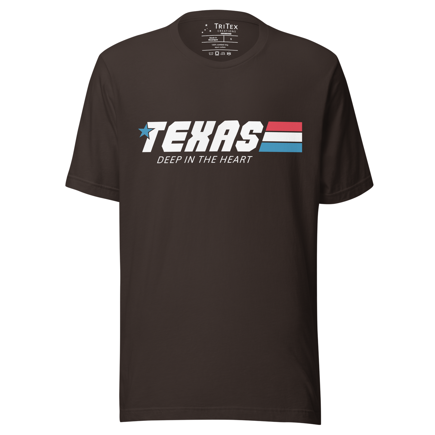 A brown t-shirt with the words "Texas. Deep in the heart" styled like an 80s cartoon show logo.