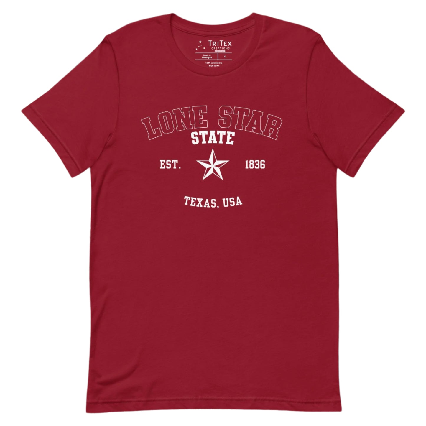 A cardinal red t-shirt featuring a graphic image of a 5-pointed star with the words "Lone Star State Est. 1836 Texas, USA".