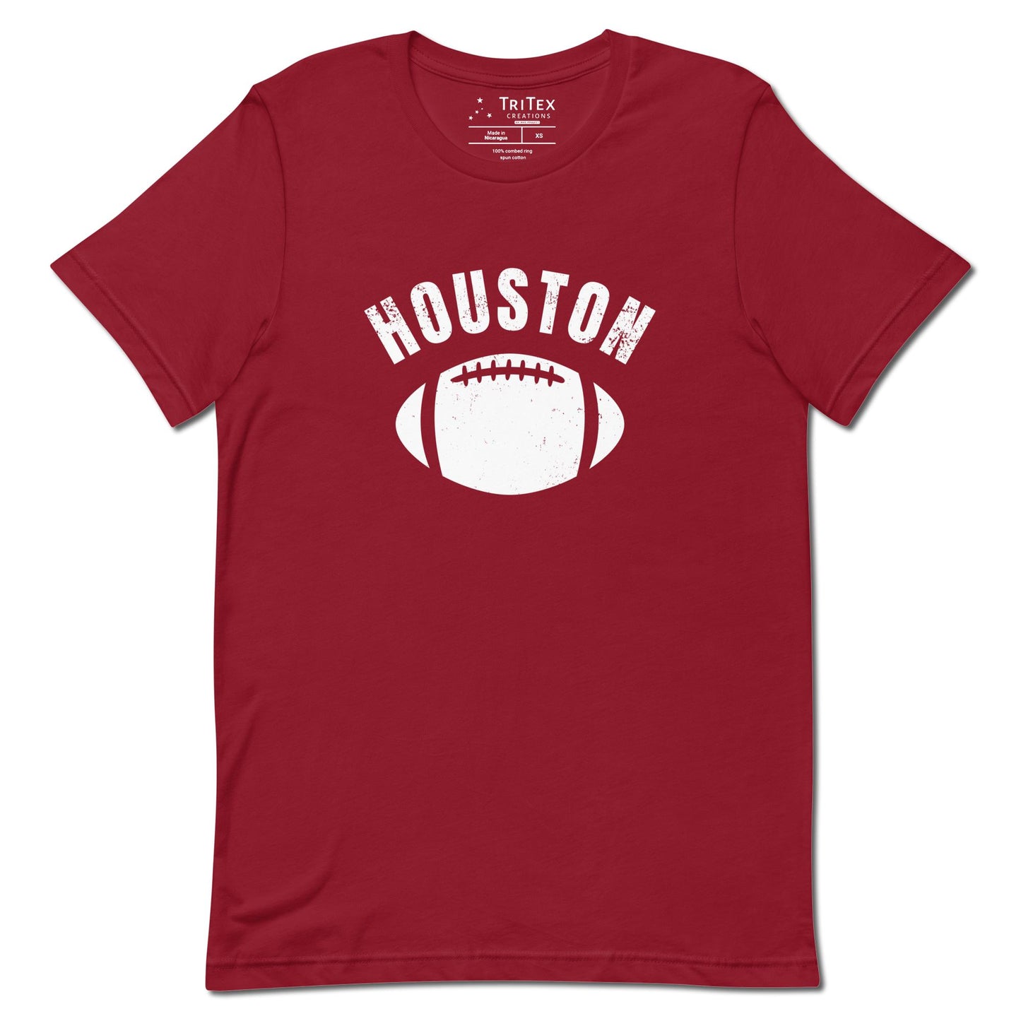 A cardinal red t-shirt featuring the silhouette of a football and the words "Houston".