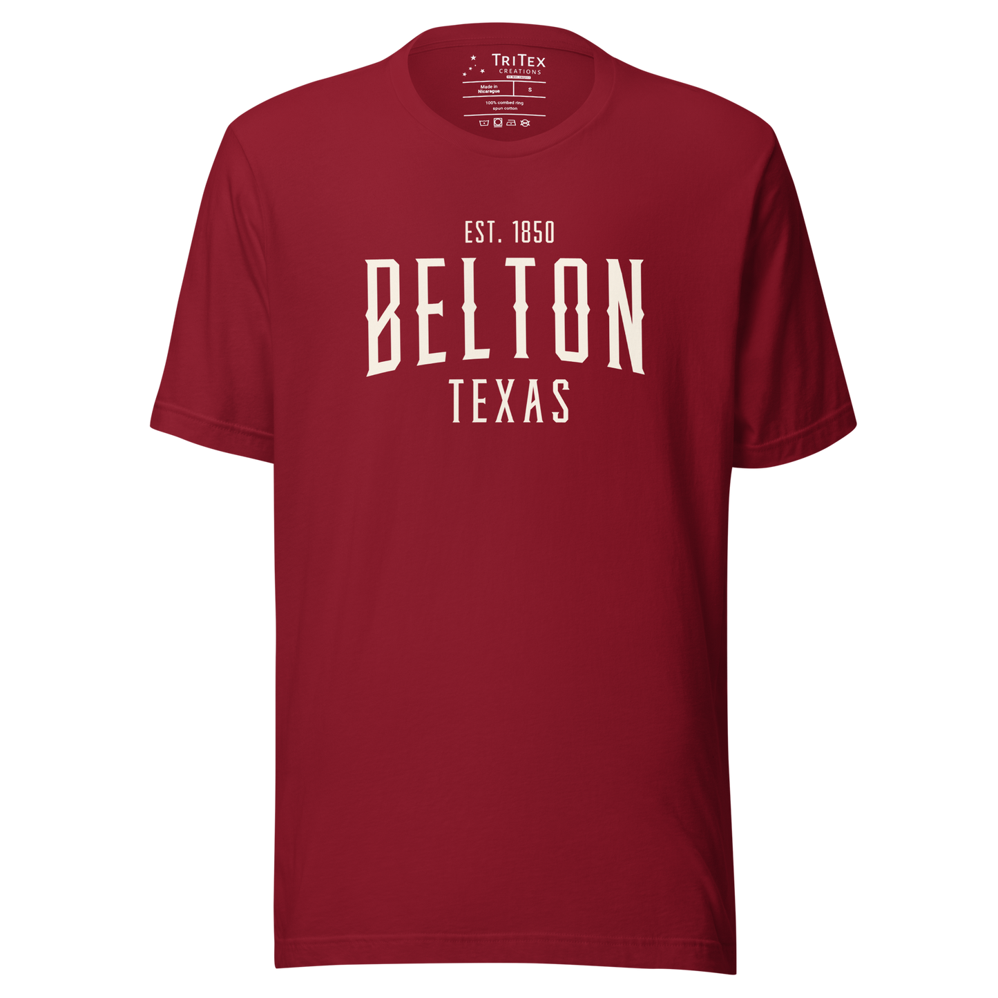 A cardinal red t-shirt with the words "Belton Texas Est. 1850".