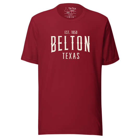 A cardinal red t-shirt with the words "Belton Texas Est. 1850".