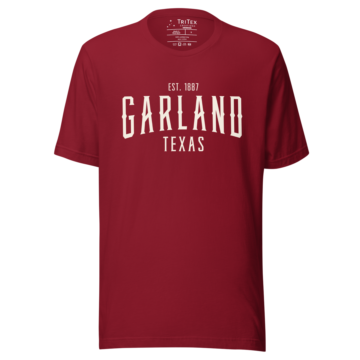 A cardinal red t-shirt with the words "Garland Texas Est. 1887".
