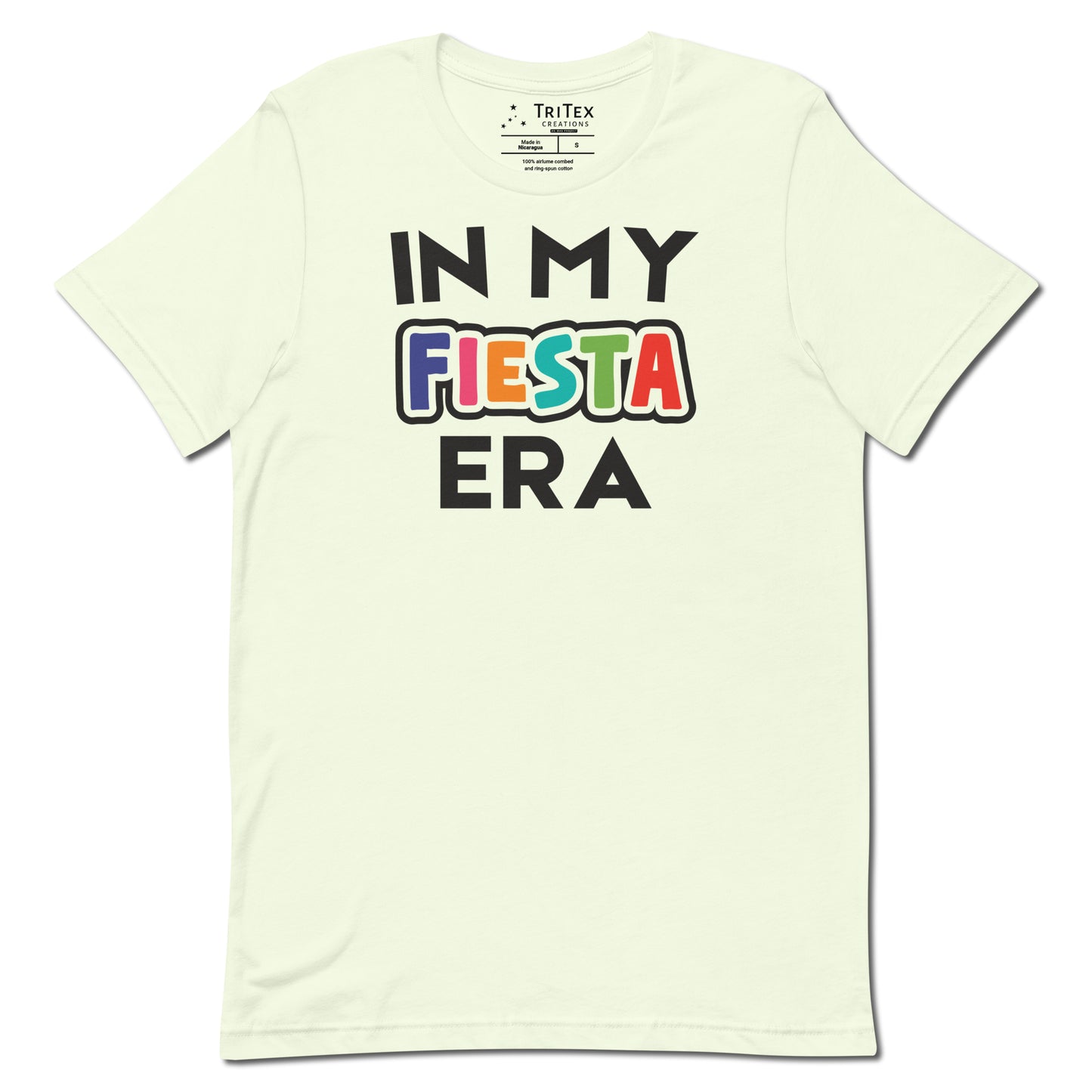 A citron t-shirt that reads "In My Fiesta Era" with Fiesta in Southwestern colors.