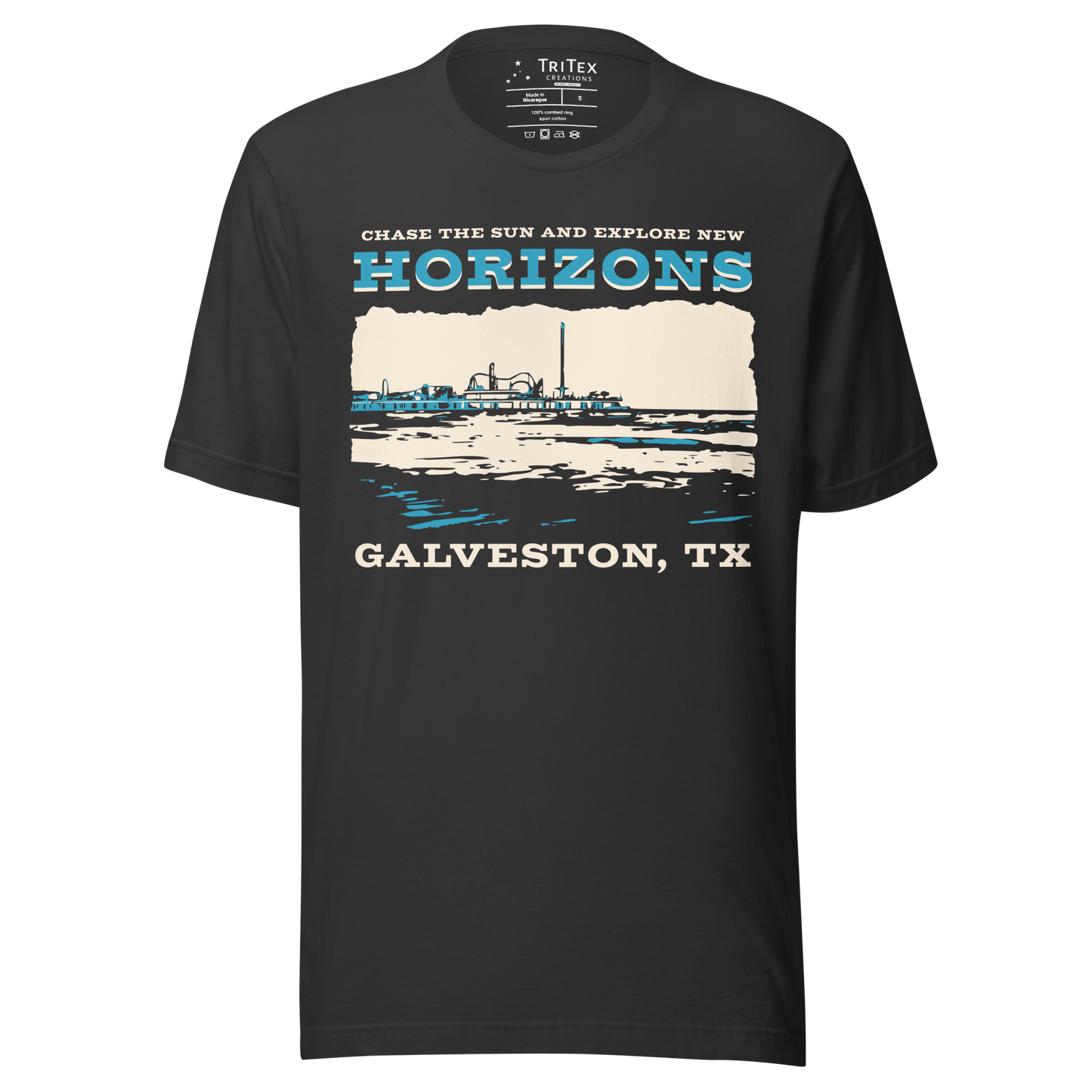A dark gray t-shirt featuring Pleasure Pier and the shoreline with the words "Chase the sun and explore new horizons Galveston, TX".