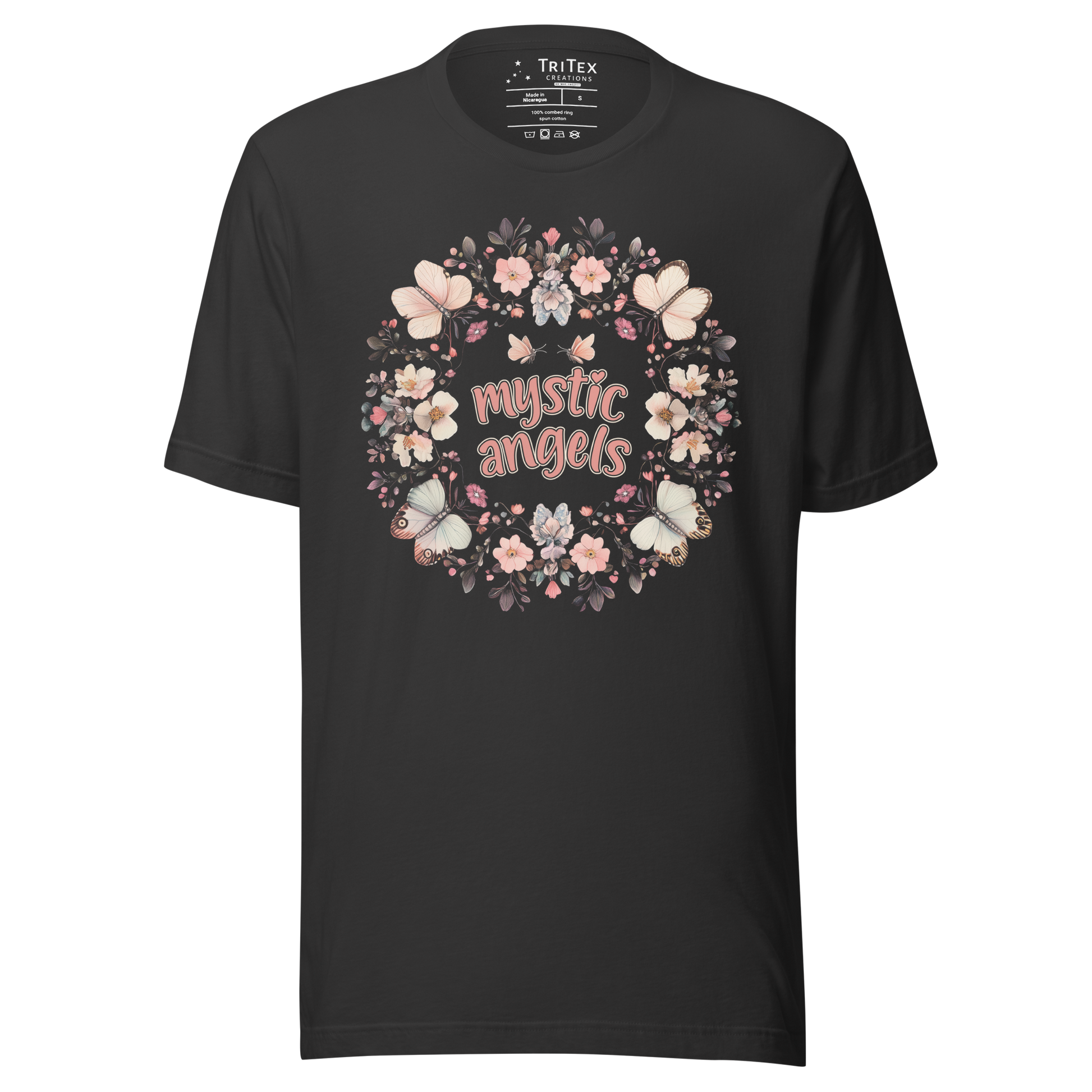 A dark grey t-shirt with the words "mystic angels" surrounded by butterflies and flowers.