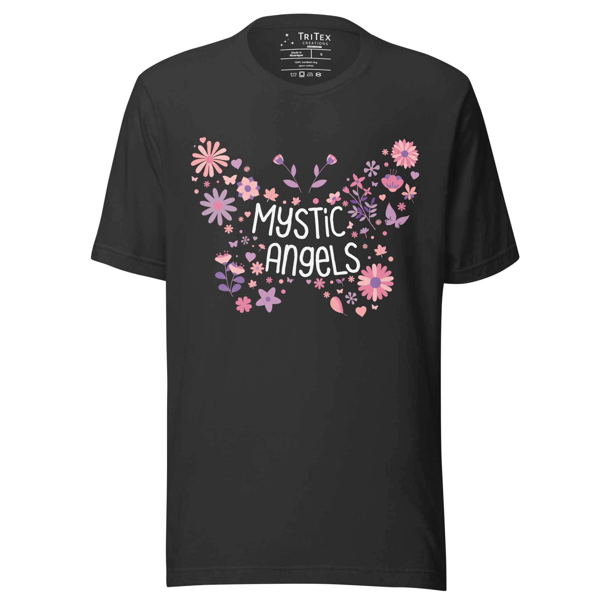 A dark grey t-shirt with the words "Mystic Angels" surrounded by leaves and flowers in the shape of a butterfly.