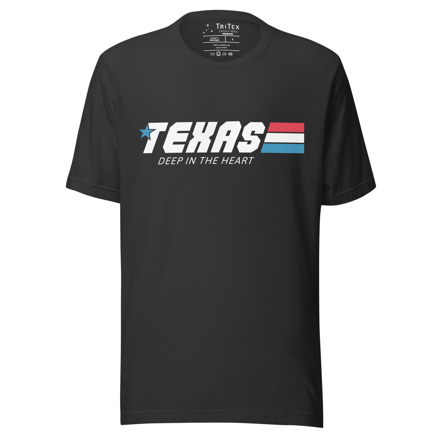 A dark gray t-shirt with the words "Texas. Deep in the heart" styled like an 80s cartoon show logo.