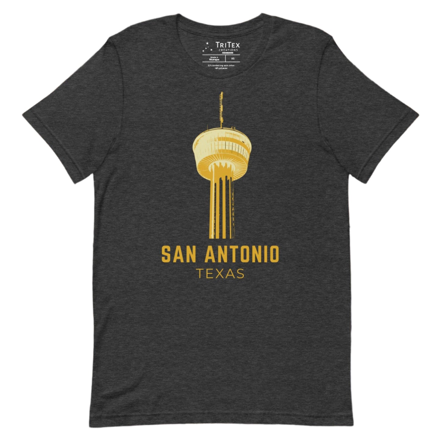 A dark gray heather t-shirt featuring the Tower of the Americas with the words "San Antonio Texas".