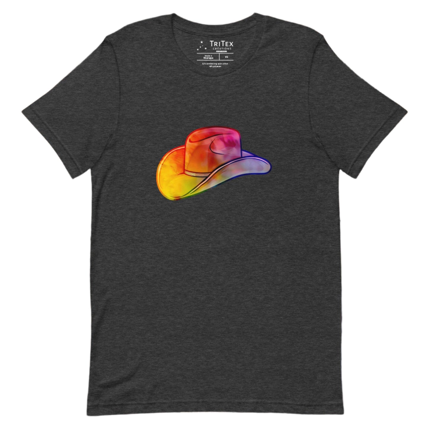 A dark grey heather t-shirt featuring a rainbow-colored cowboy hat.