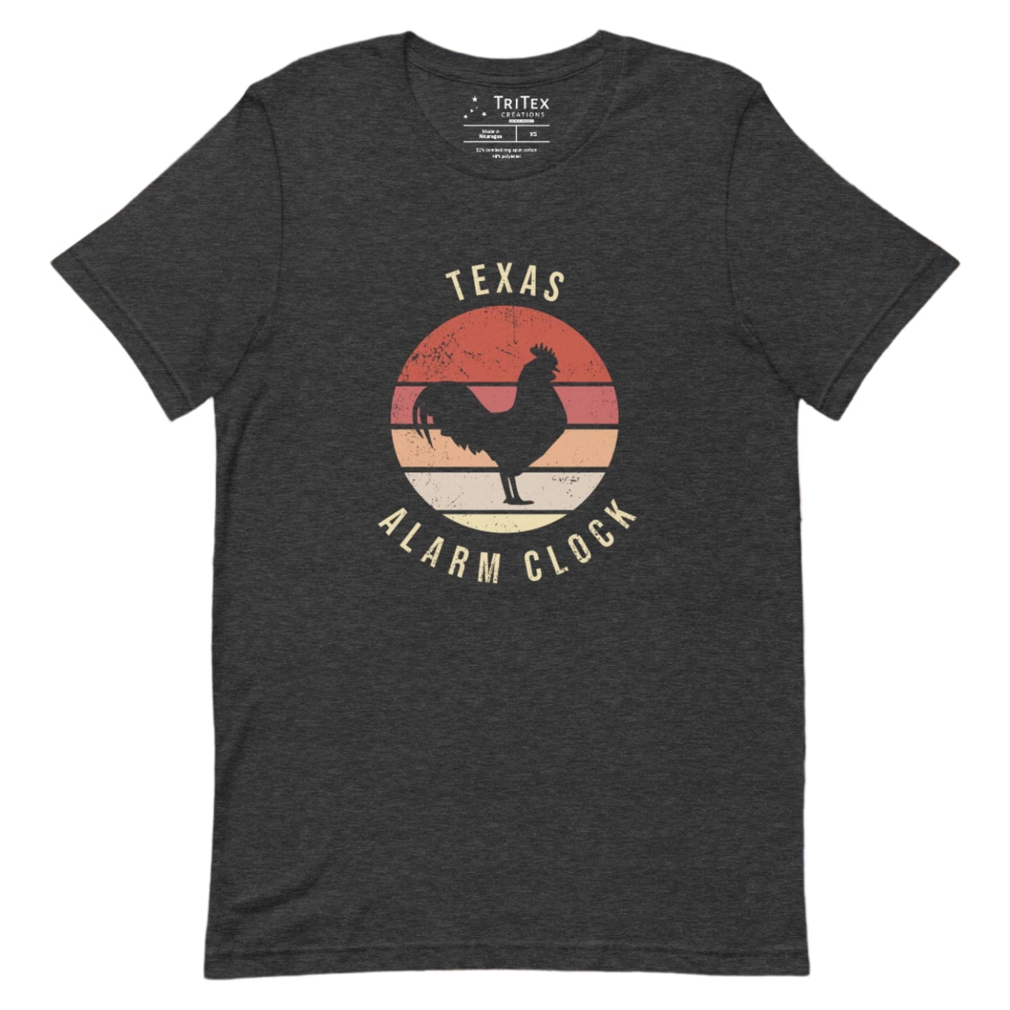 A dark gray heather t-shirt featuring the silhouette of a rooster with the words "Texas Alarm Clock".